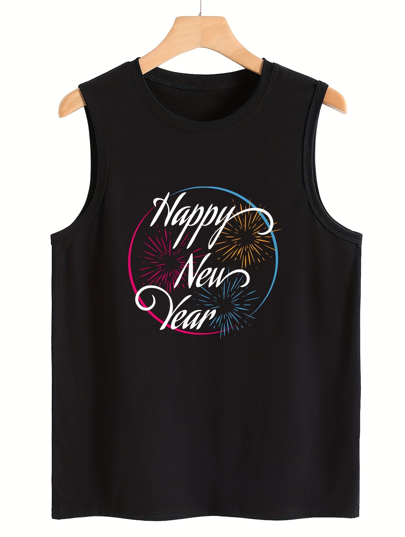 Firework & Letter Print Sleeveless Sports Vest Round Neck Stretchy Casual Tops