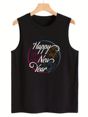 Firework & Letter Print Sleeveless Sports Vest Round Neck Stretchy Casual Tops