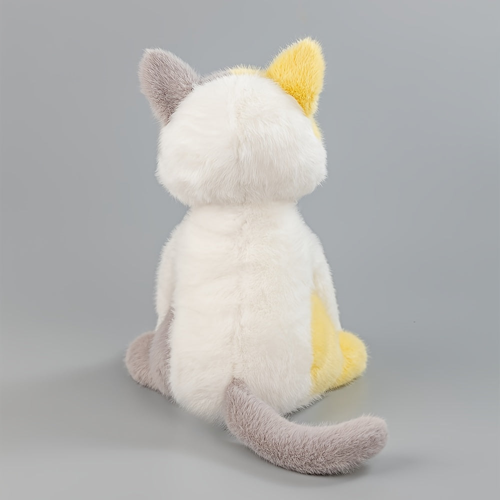 Fluffy Grey and Yellow Plush Cat Toy with Expressive Eyes