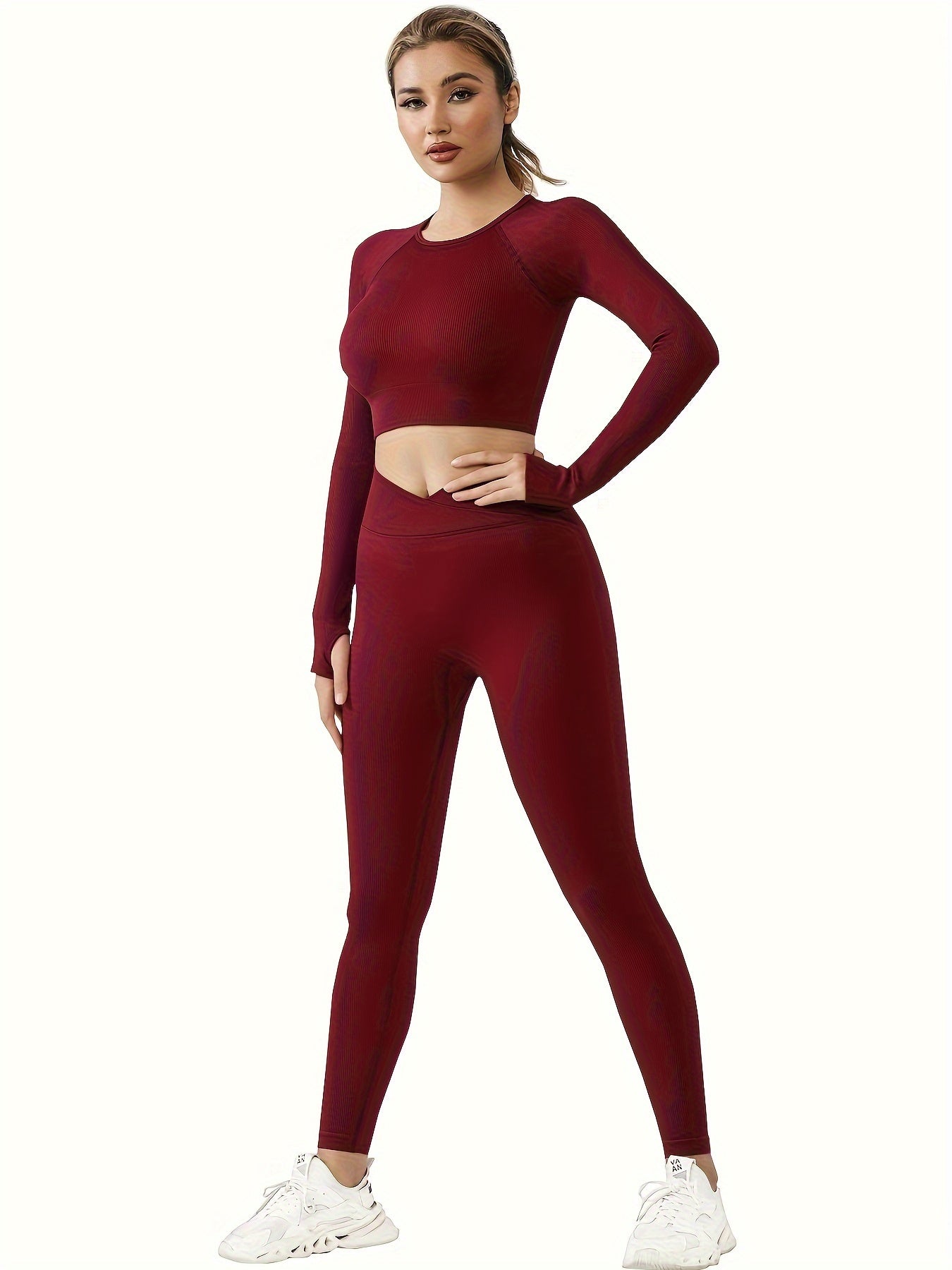 Sports Yoga Suit Round Neck Long Sleeves & Hip Lifting Leggings Set
