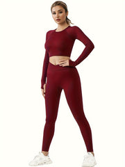 Sports Yoga Suit Round Neck Long Sleeves & Hip Lifting Leggings Set