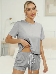 Knit Lounge Set Crew Neck Short Sleeve & Drawstring Waist Shorts