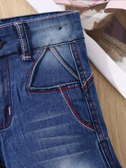 Girls' Stretch Heart Embroidered Denim Shorts for Street Outwear