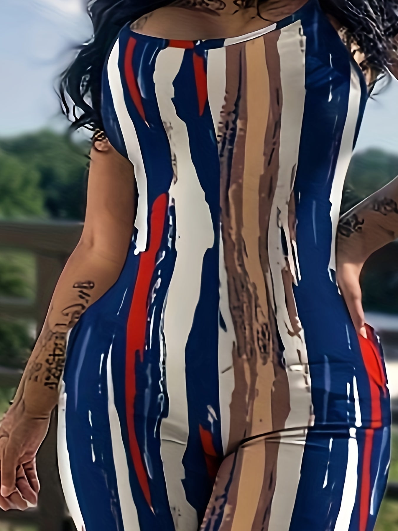 Colorful Stripe Print Round Neck Cami Jumpsuit