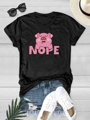 Cute Pig Letter Print Graphic Tee Womens Crew Neck T-shirt