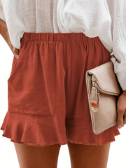Boho Ruffle Trim Solid Shorts Casual Elastic Waist Summer Shorts With Pockets