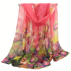 Vintage Gradient Chiffon Scarf Boho Flower Print Breathable Gauze Shawl