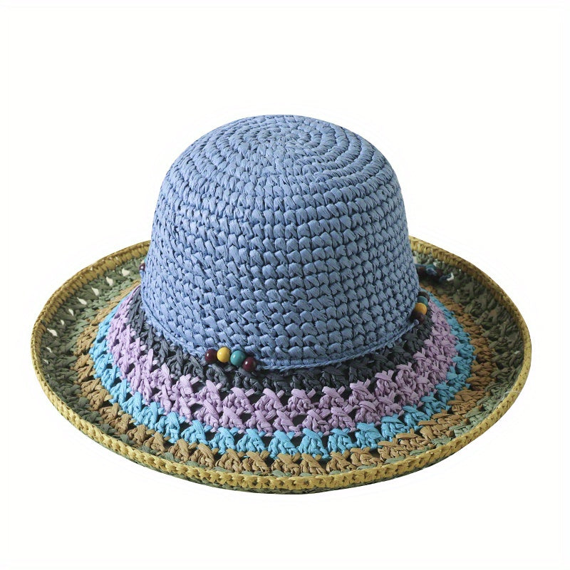 Rainbow Boho Sun Hat Crochet Gradient Bucket Hat Breathable Summer Sunscreen