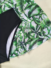 Tropical Print Tankini Set Round Neck Swimsuit Two Piece