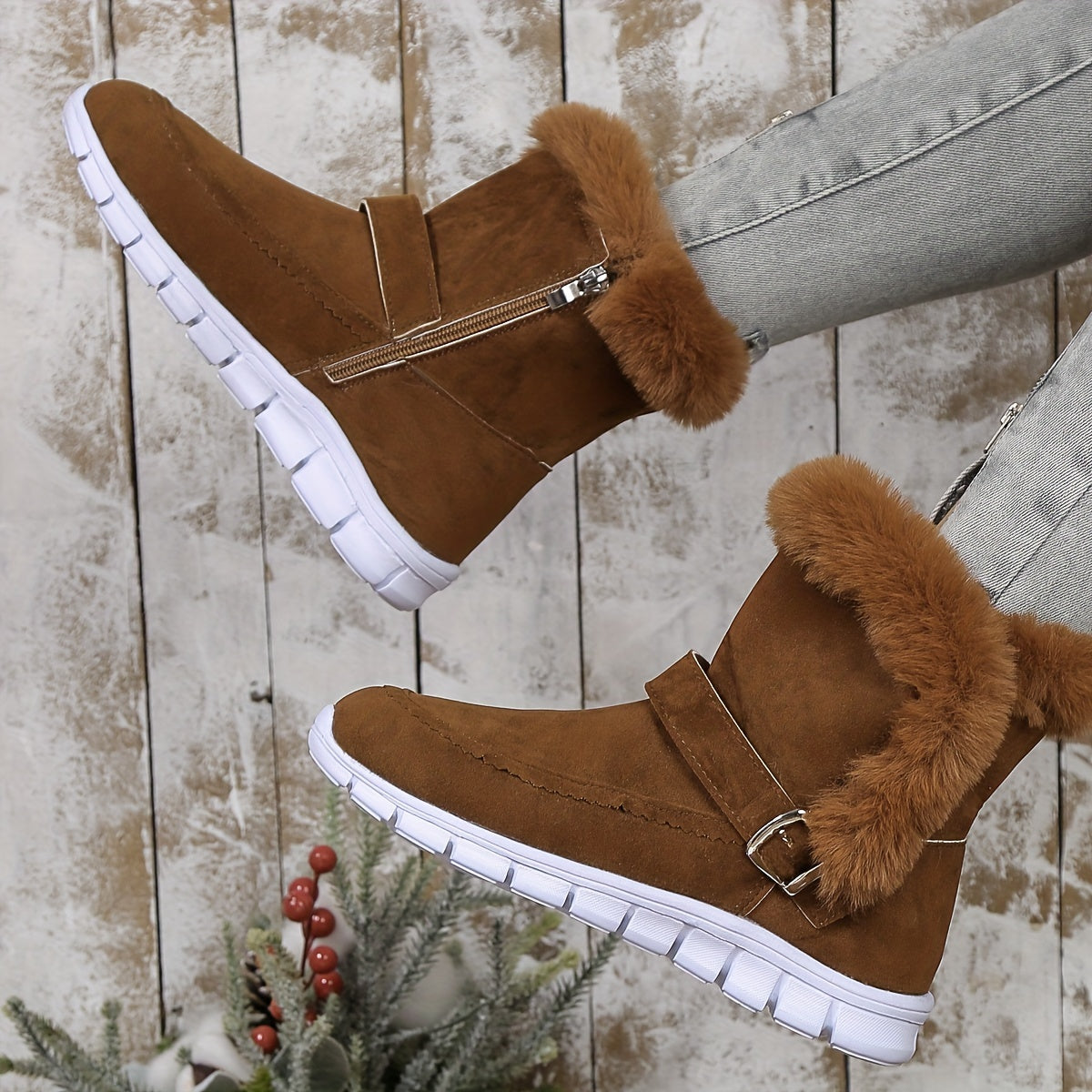 Women's Solid Snow Boots Side Zipper Round Toe Velvet Warm Fluffy Winter Shoes