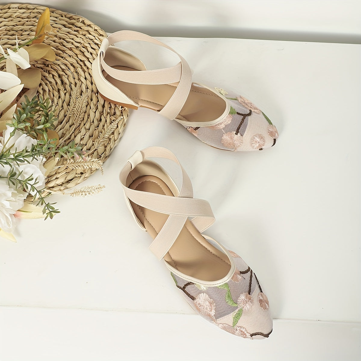 Floral Embroidered Lace Flat Sandals Cross Strap Slip On Shoes