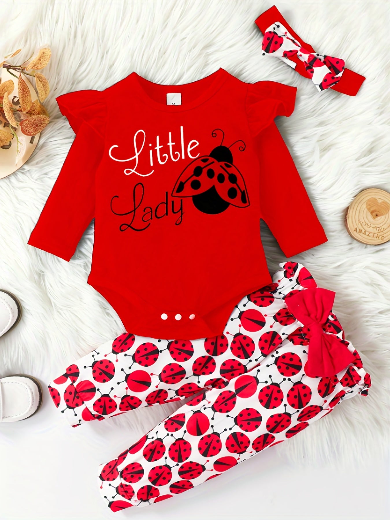 Ladybug Print Baby Romper & Pants Set For Autumn & Spring