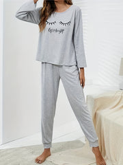 Letter Print Pajama Set Long Sleeve Crew Neck Top & Elastic Waistband Pants