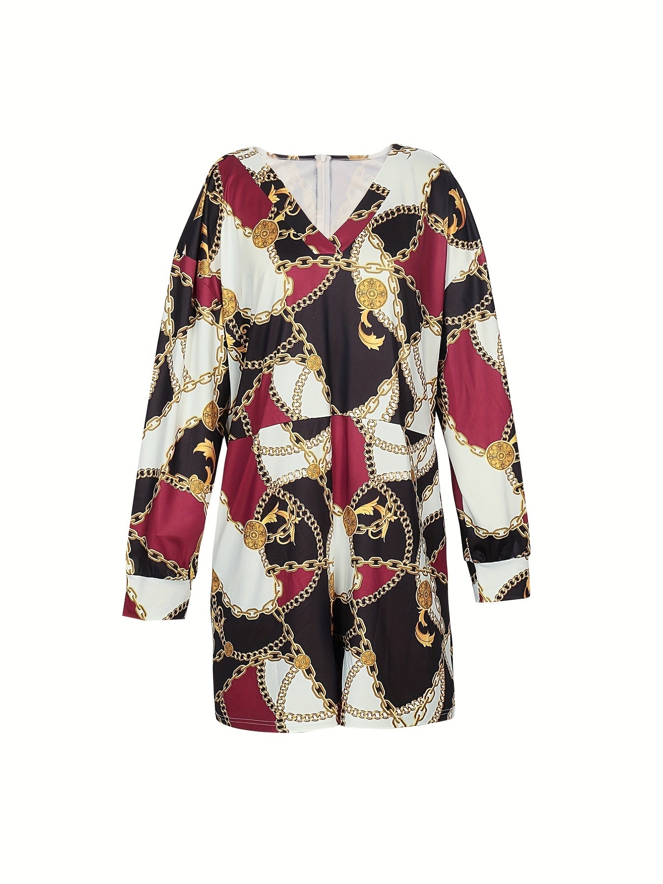 Chain Print V Neck Long Sleeve Plus Size Jumpsuit With Pockets