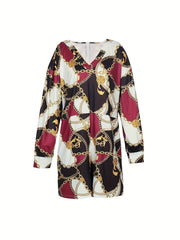 Chain Print V Neck Long Sleeve Plus Size Jumpsuit With Pockets