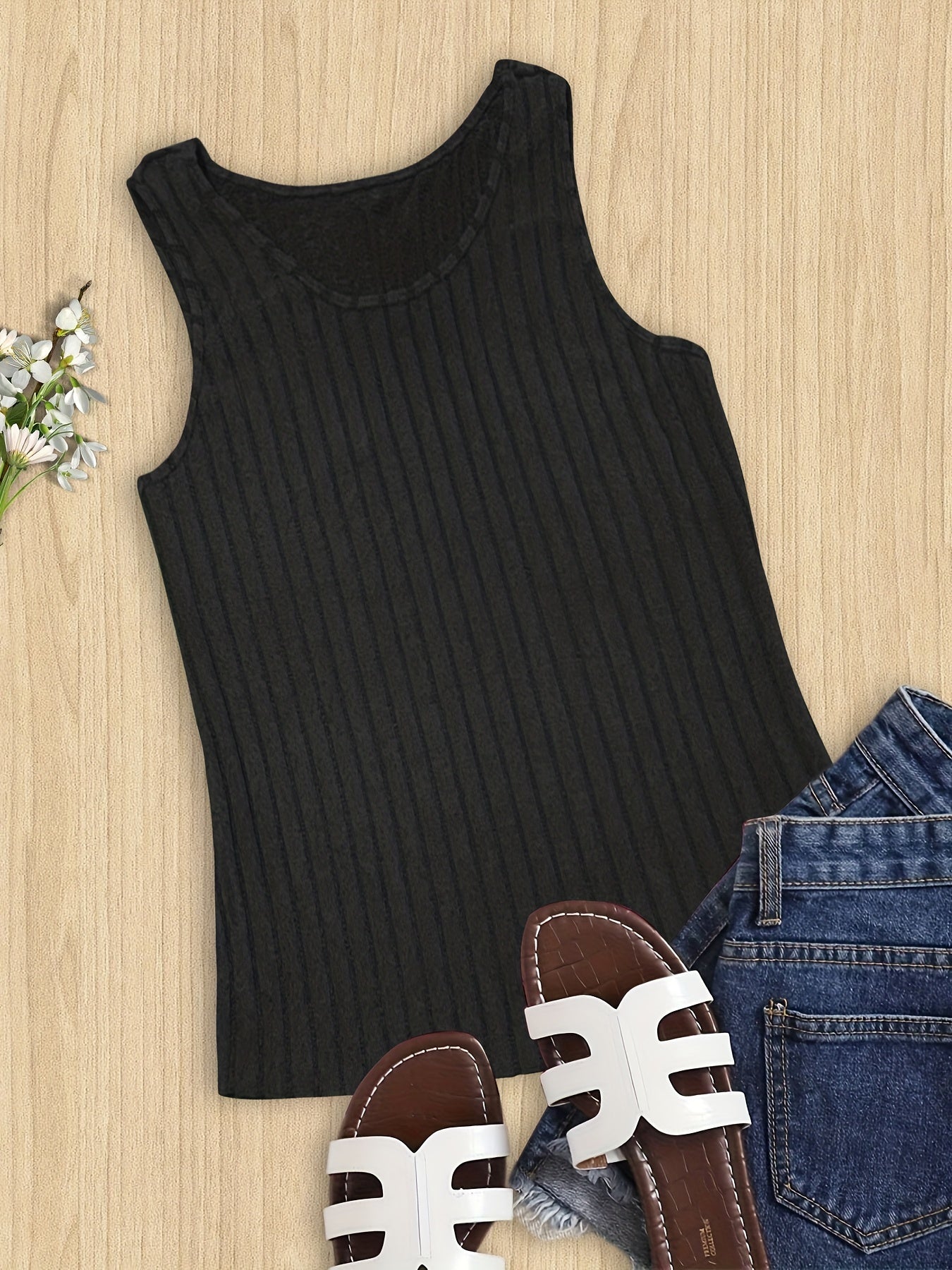 Ribbed Tank Top Round Neck Stretch Vest