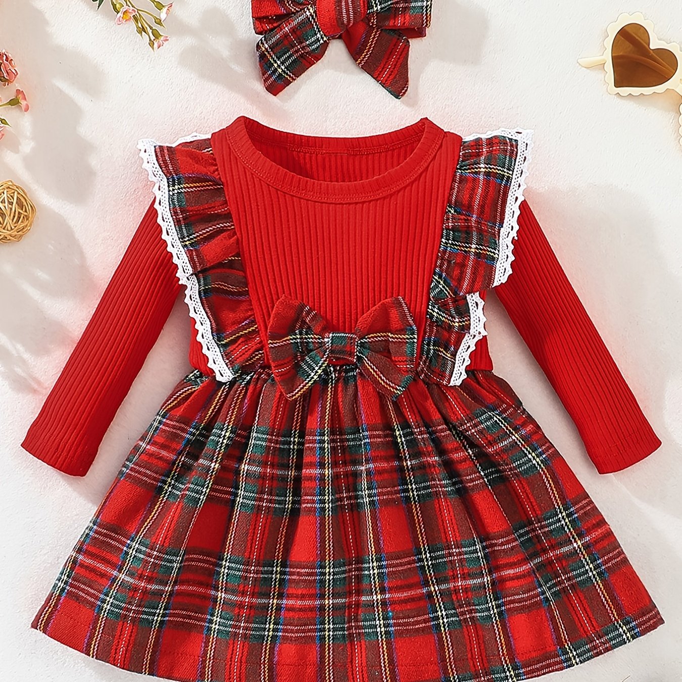 Christmas Baby Girl Plaid Ruffle Long Sleeve Dress With Bowknot & Headband