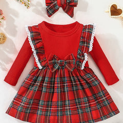 Christmas Baby Girl Plaid Ruffle Long Sleeve Dress With Bowknot & Headband