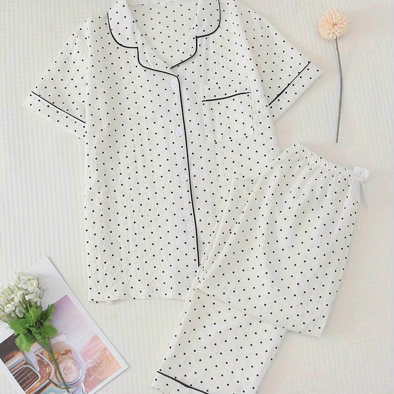 Polka Dot Print Pajama Set Short Sleeve Buttons Top & Elastic Waistband Pants