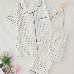 Polka Dot Print Pajama Set Short Sleeve Buttons Top & Elastic Waistband Pants