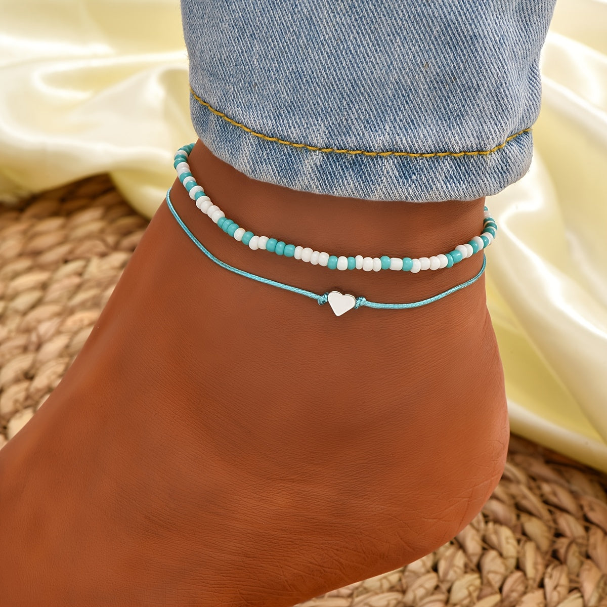 2 Pcs Colorful Rice Beads Anklet Adjustable Bracelet