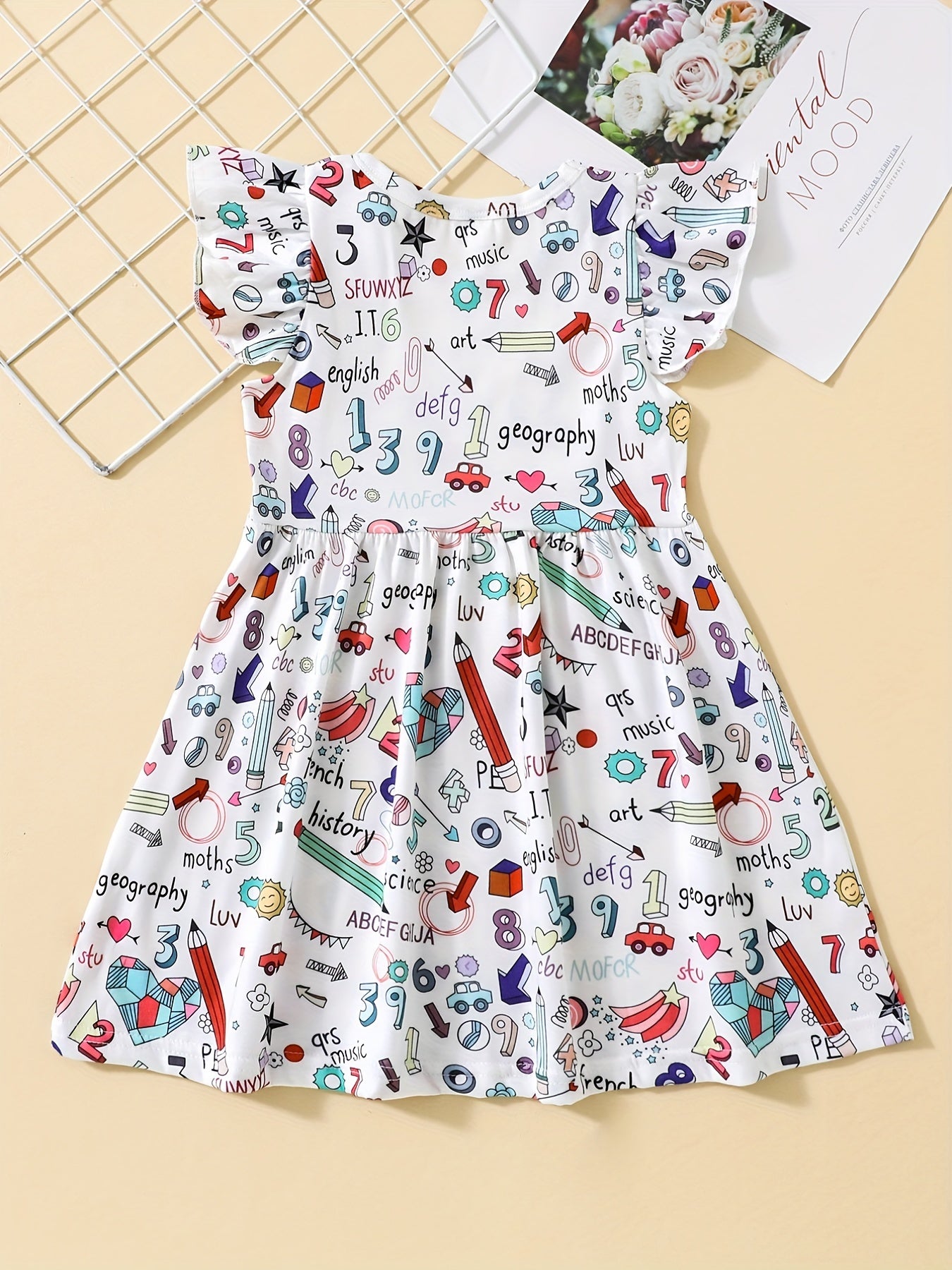 Girl's School Themed Cartoon Dress Stretch Flying Sleeve