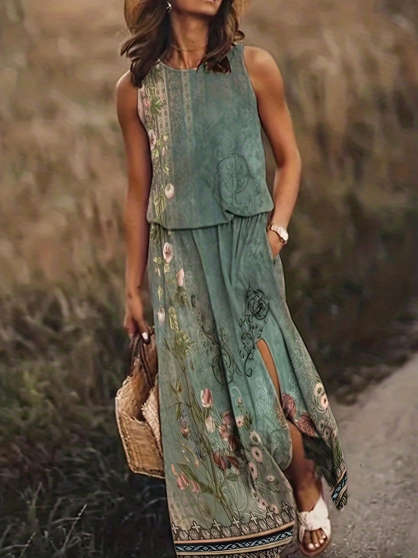 Floral Print Split Dress Vintage Cinched Waist Crew Neck Sleeveless Dress