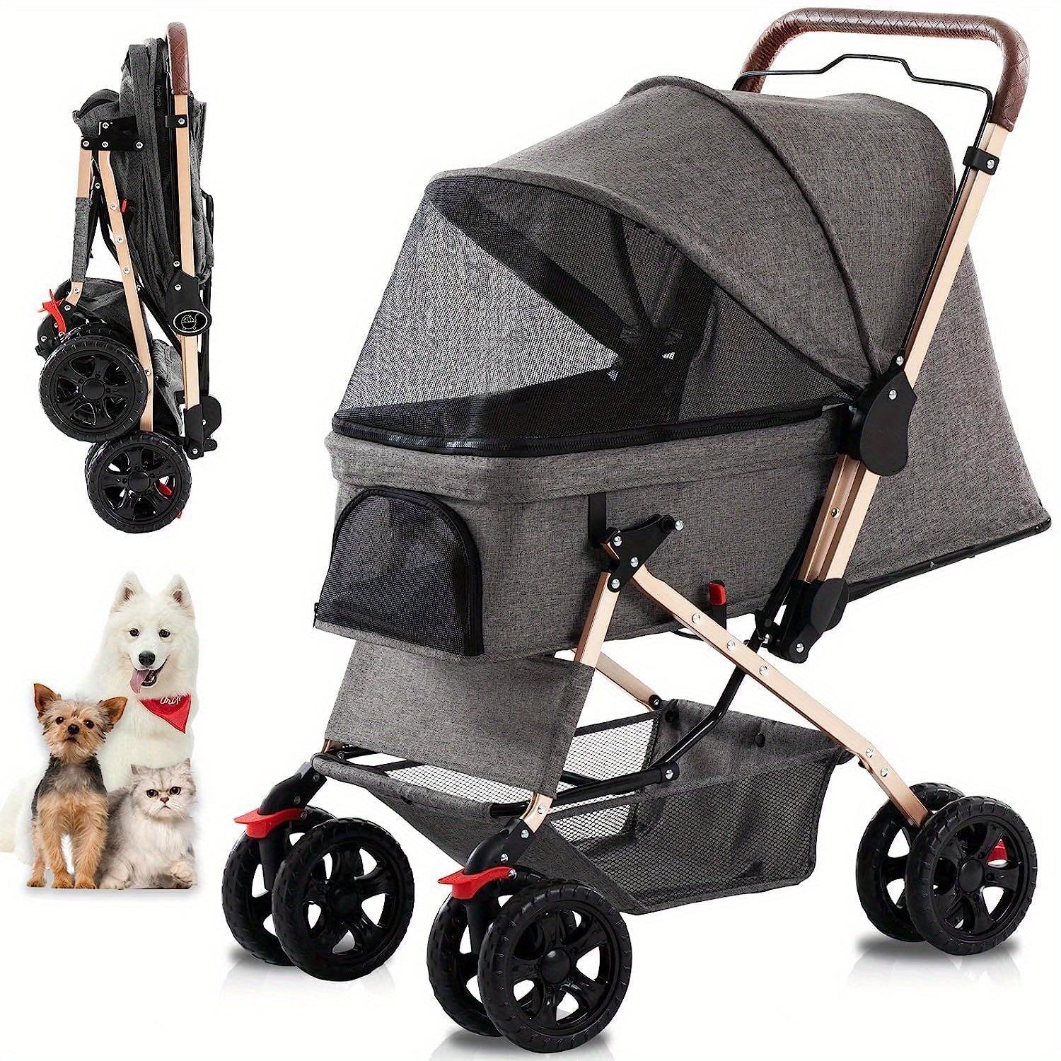 Pet Dog Stroller For Cats & Dogs, Weather Cover, Storage Basket
