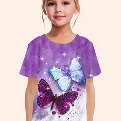Butterfly Print Short Sleeve T-shirt Girls Summer Sports