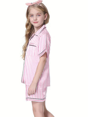 Girls 2pcs Pajamas Top & Shorts Solid Short Sleeve Button Front PJ Set