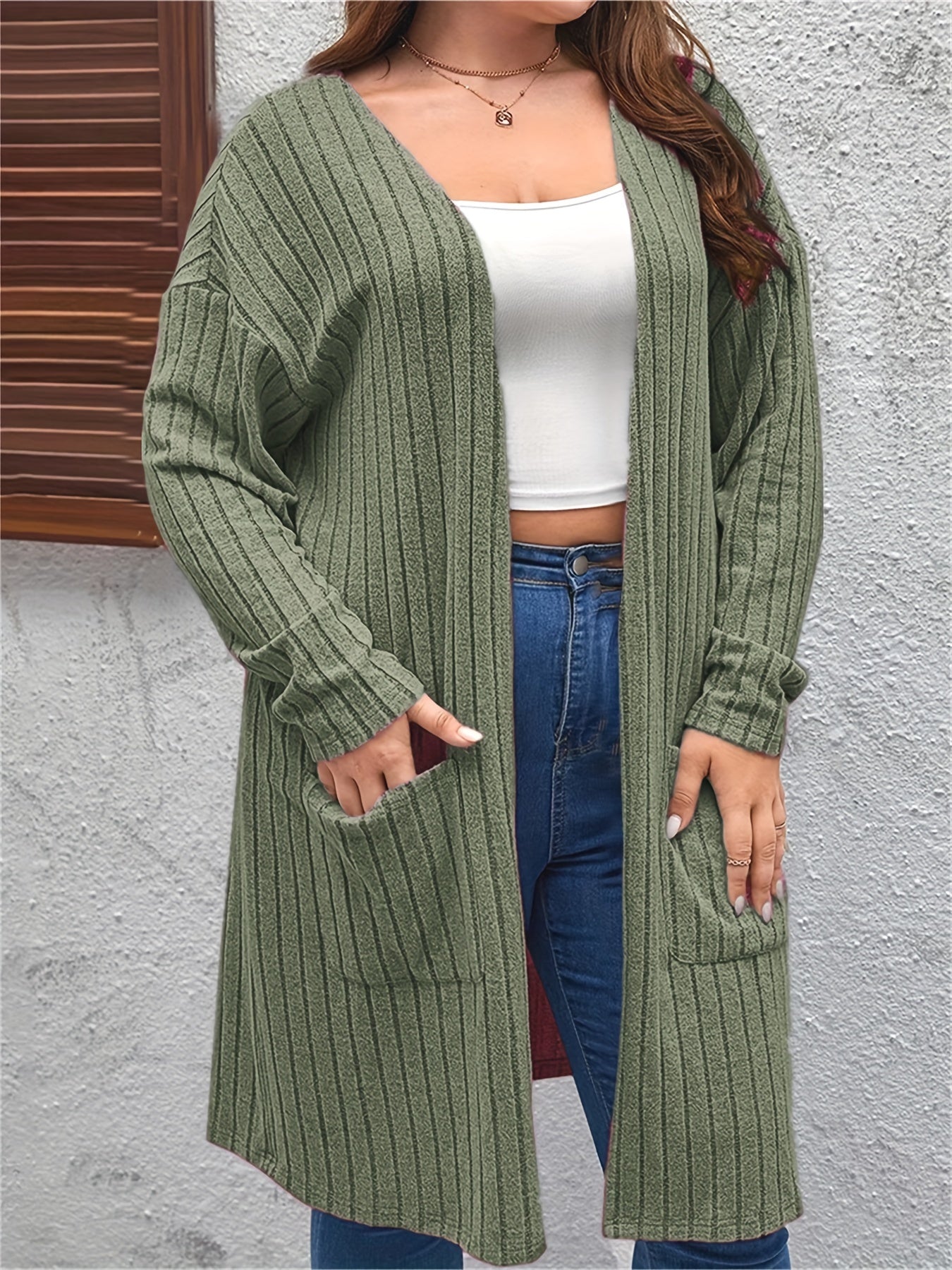 Open Front Ribbed Knit Cardigan with Pockets
