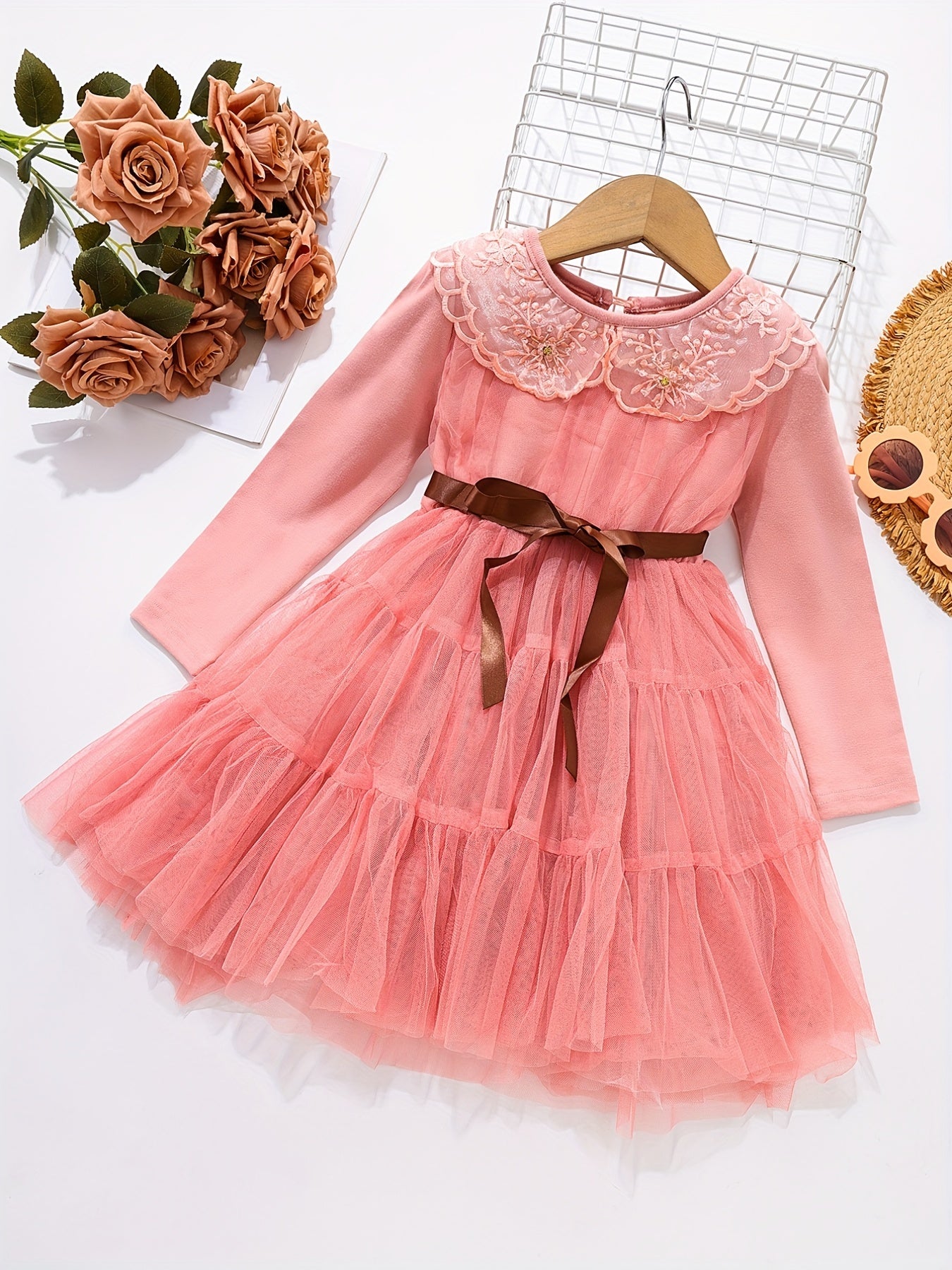 Girls Lace Mesh Long Sleeve Princess Dress With Belt