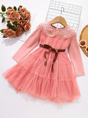 Girls Lace Mesh Long Sleeve Princess Dress With Belt