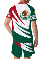 Mexico Eagle Pattern Men's 2 Piece Short Sleeve T-shirt & Shorts Set