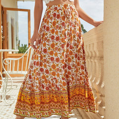 Floral Print Drawstring Skirt Boho Skirt For Spring & Summer