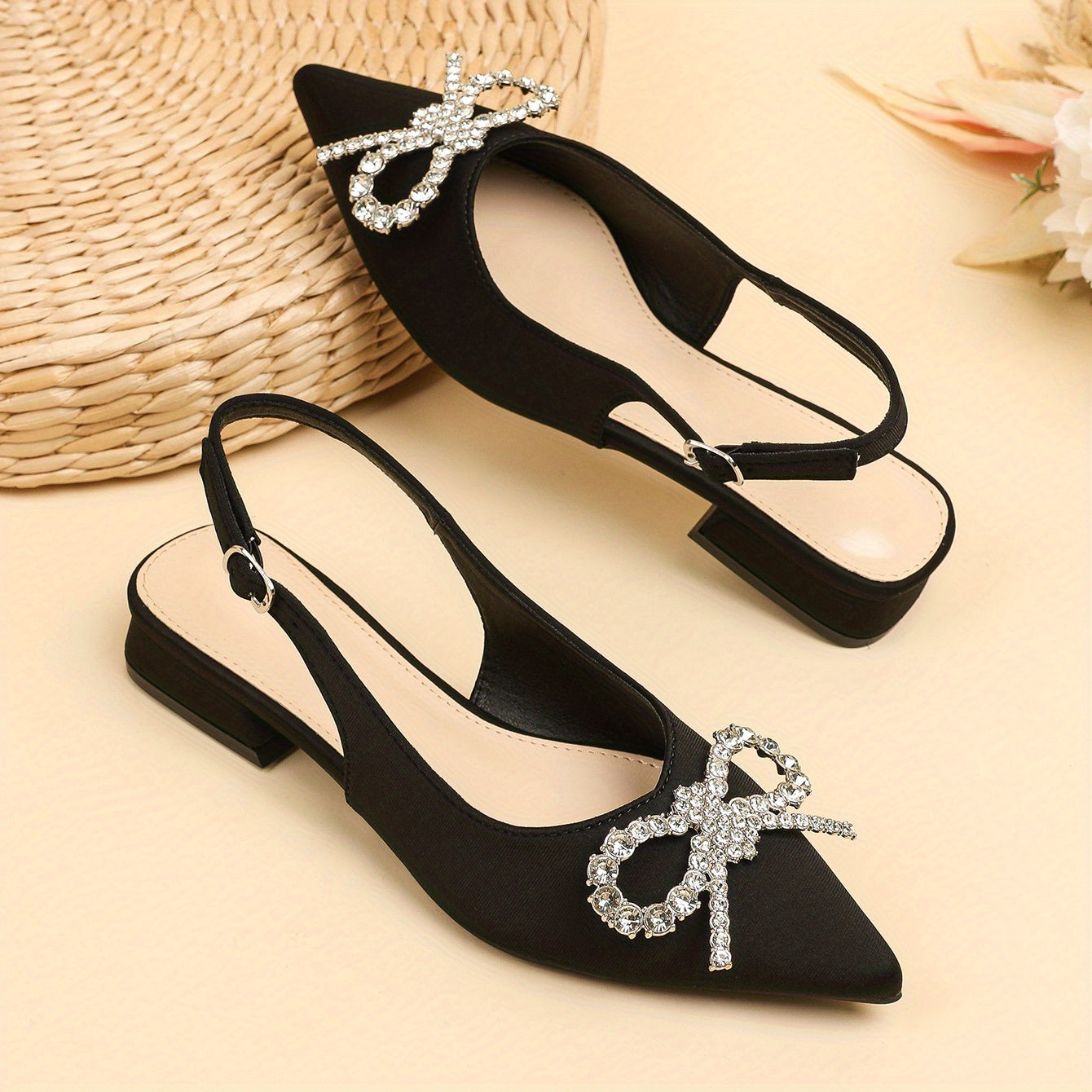 Rhinestone Bow Low Heel Slingback Sandals