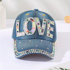 Rhinestone LOVE Patch Baseball Cap Denim Distressed Dad Hat