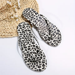 Leopard Pattern Flip Flops Faux Leather Slip On Flat Shoes