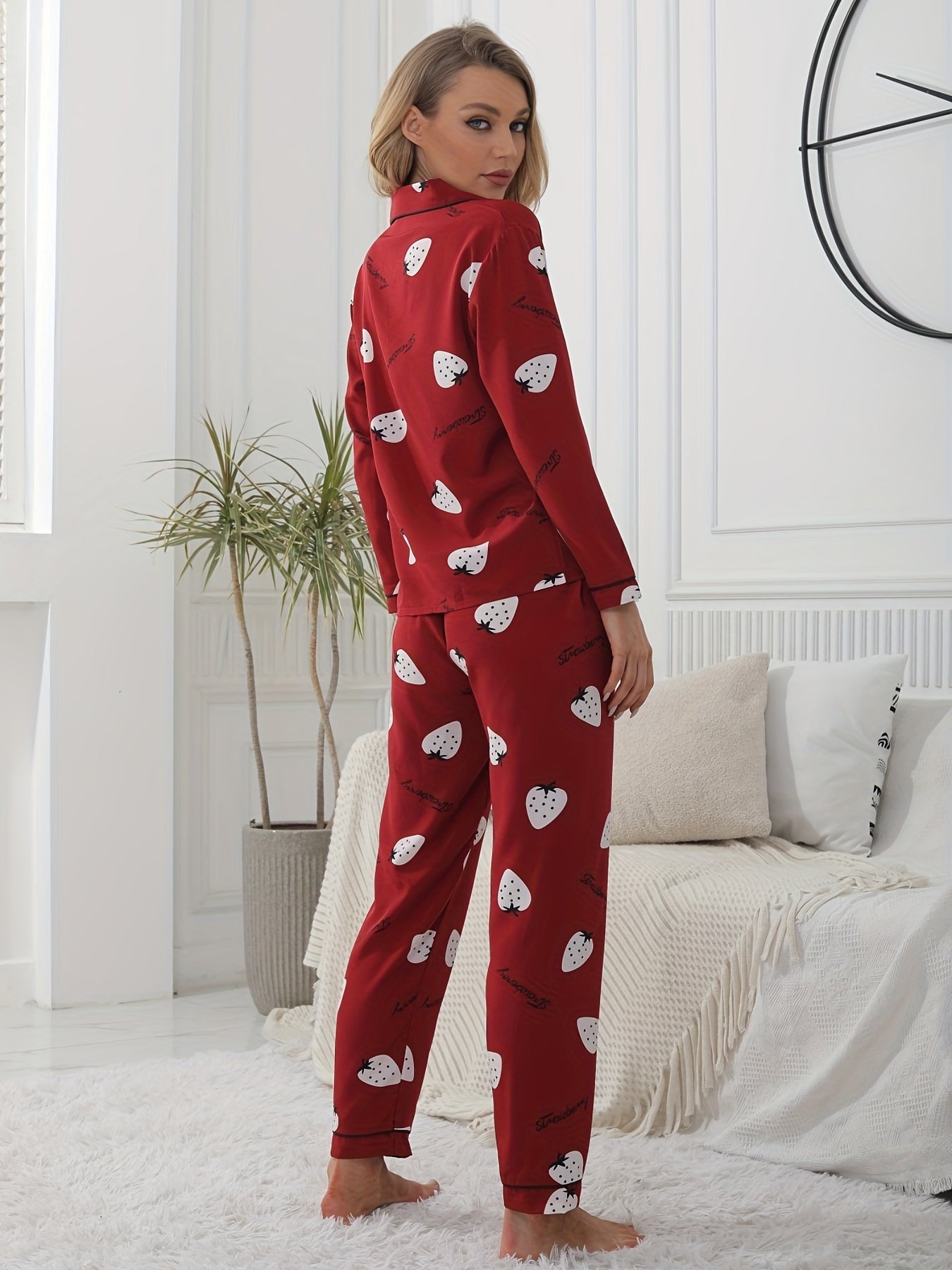 Strawberry Print Red Pajamas Set Long Sleeve Top & Pants