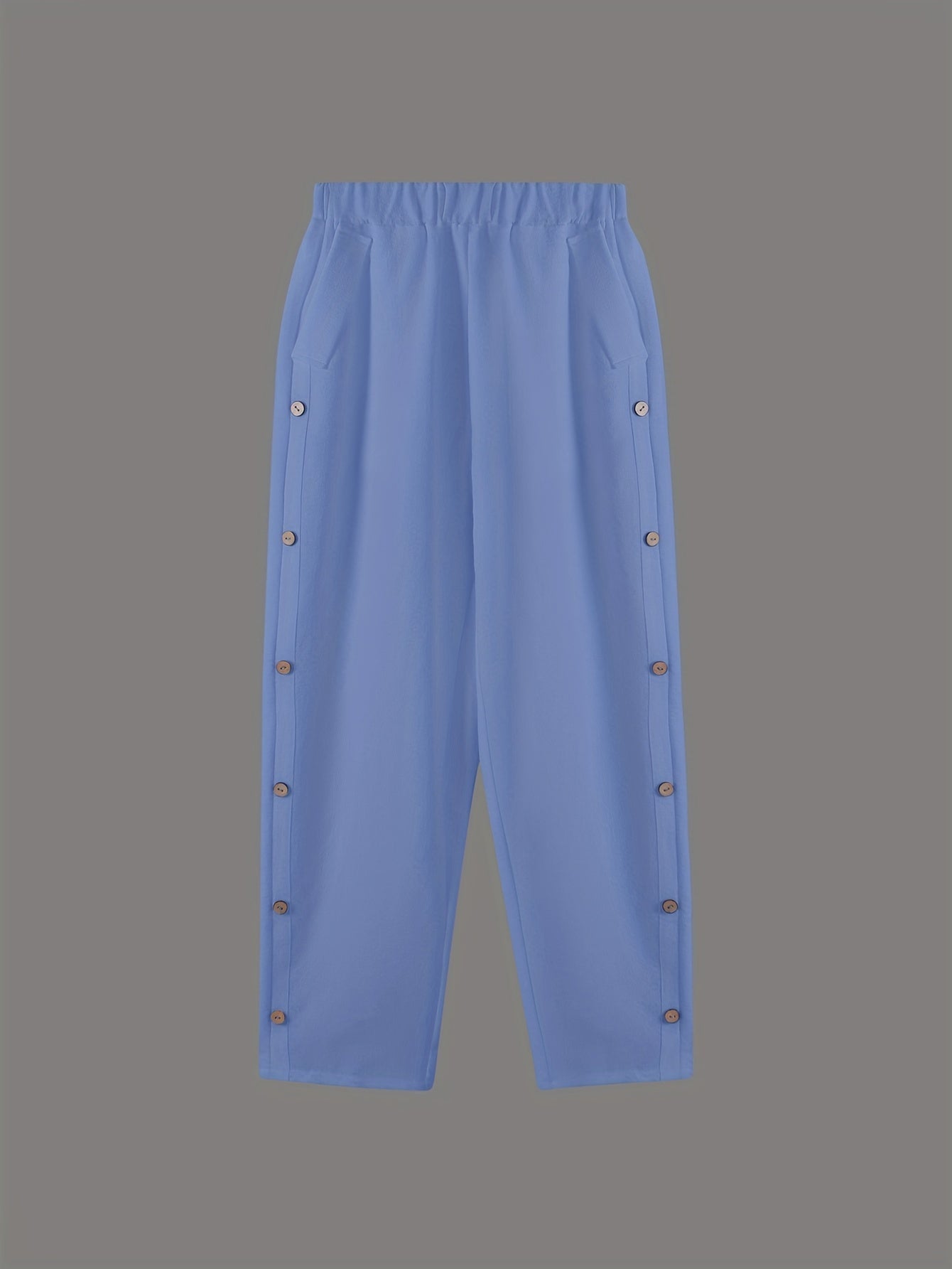 Solid Side Breasted Cropped Pants Casual Pocket Elastic Waist Pants