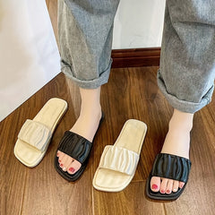 Women's Ruched Band Flat Slides Square Open Toe Sandals