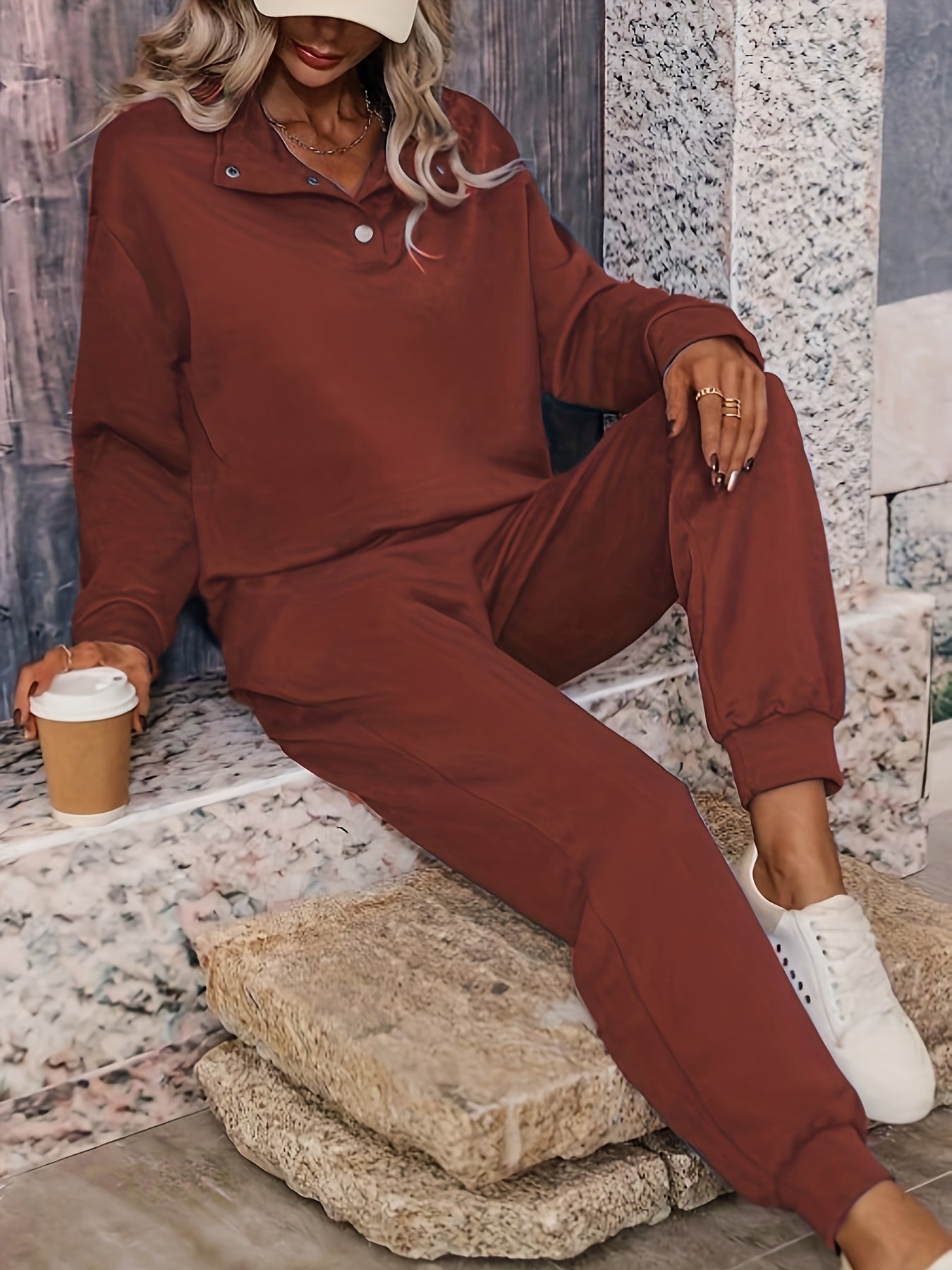 Solid Long Sleeve Lapel Collar Pullover & Joggers Set
