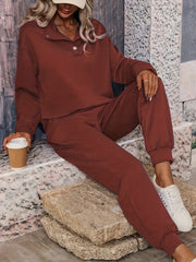 Solid Long Sleeve Lapel Collar Pullover & Joggers Set