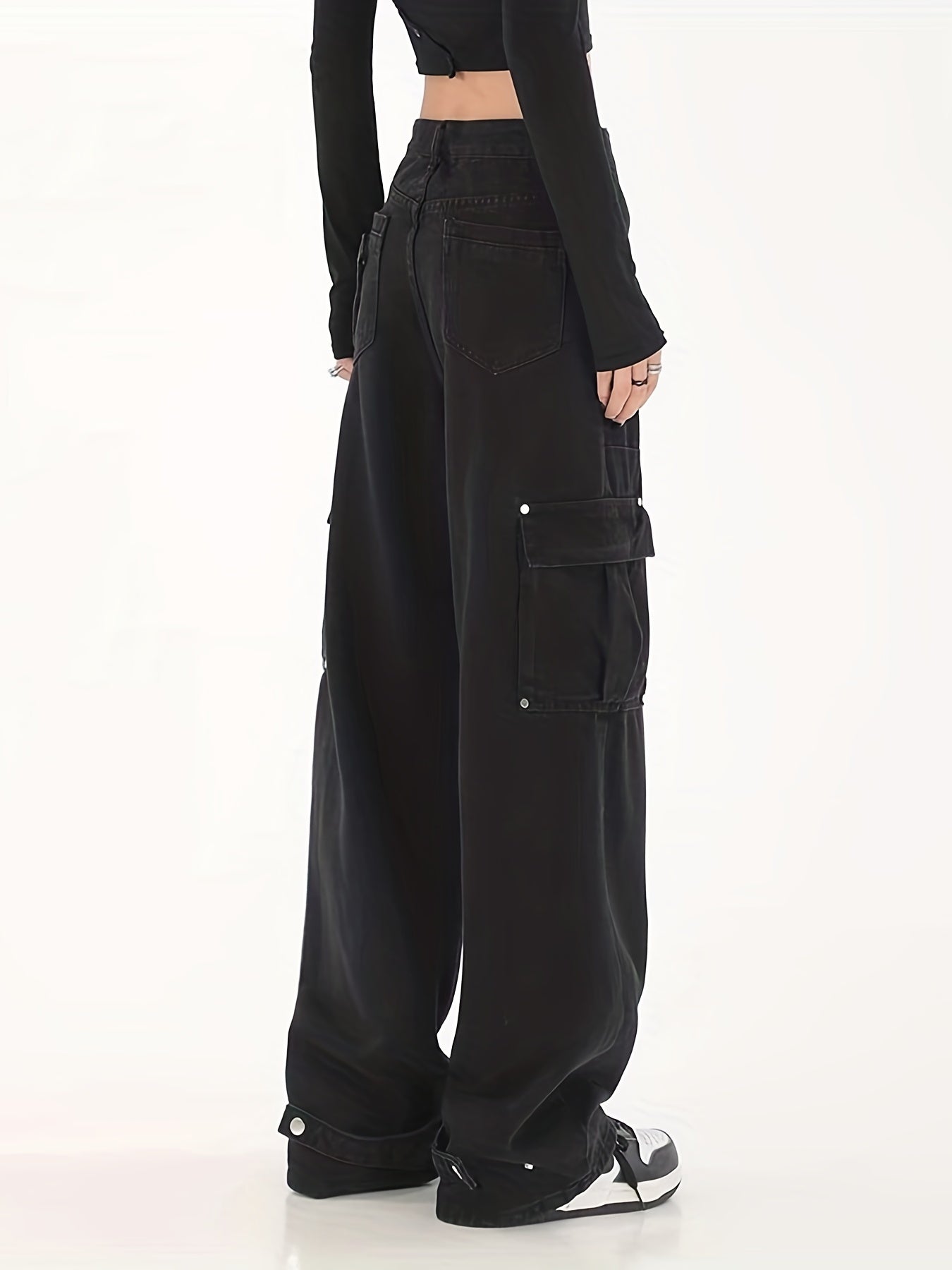 Flap Pockets Cargo Pants Loose Fit Non Stretch Straight Jeans