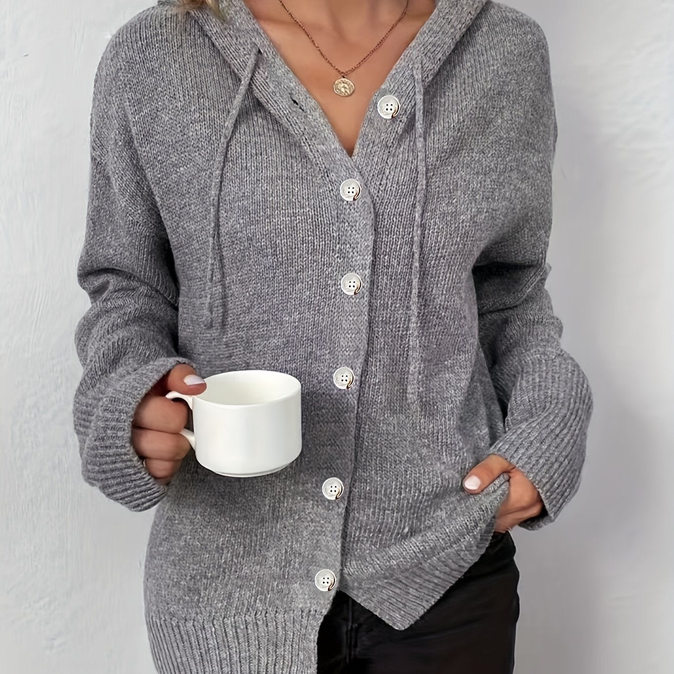 Solid Button Up Hoodie Drawstring Long Sleeve Jumper