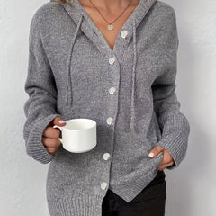 Solid Button Up Hoodie Drawstring Long Sleeve Jumper