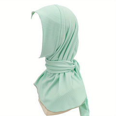 Solid Striped Hijab Snap Button Turban Head Wrap Long Shawl Head Scarf