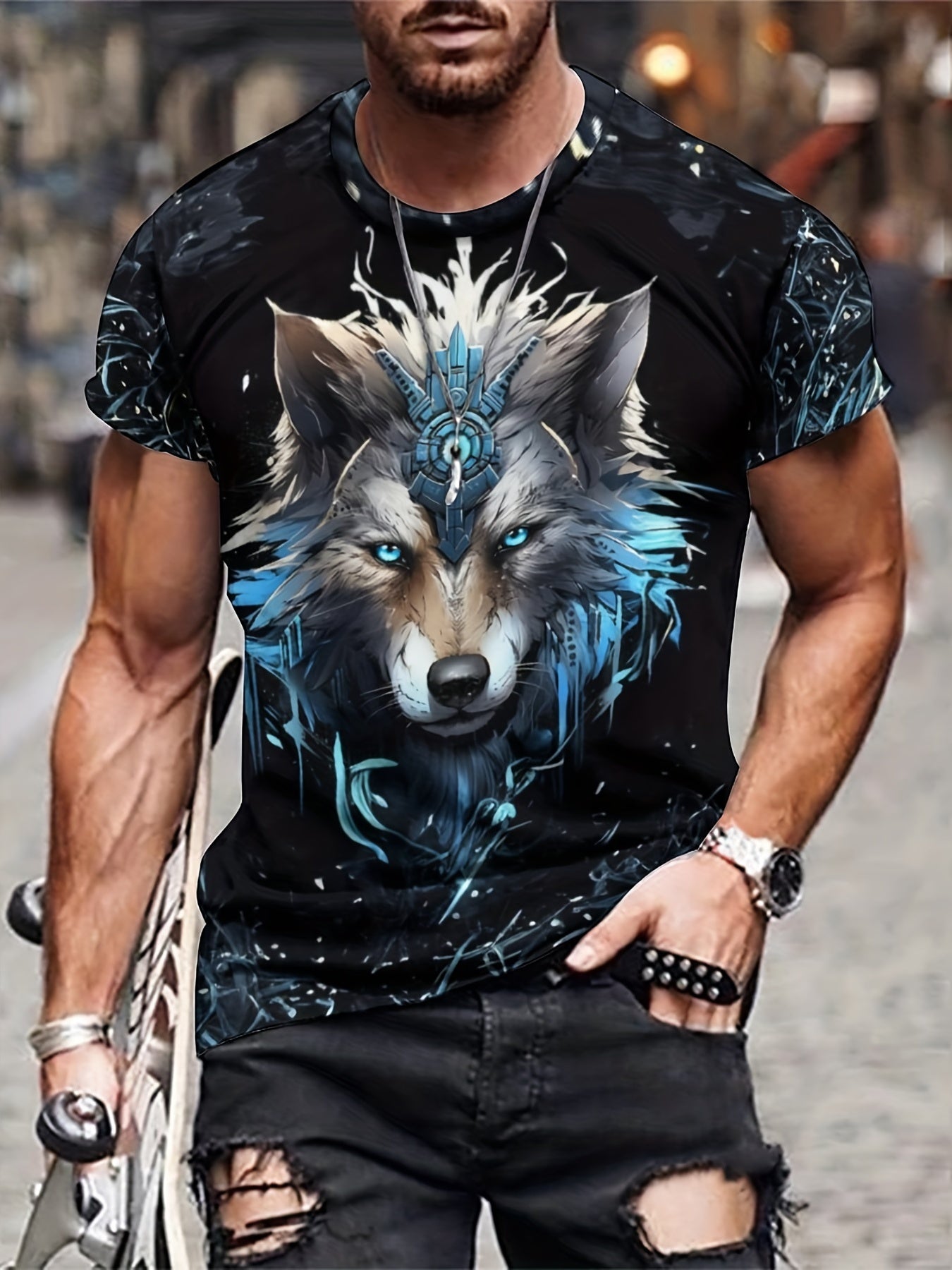 Men's 3D Wolf T-shirt Stretchy Breathable Tee for Spring Fall Outdoor