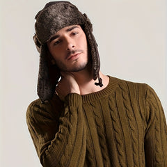 Men's Large Size Winter Ski Hat With Ear Protection & Leather Detail