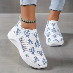 Floral Printed Flatform Sneakers Slip On Sock Knit Shoes